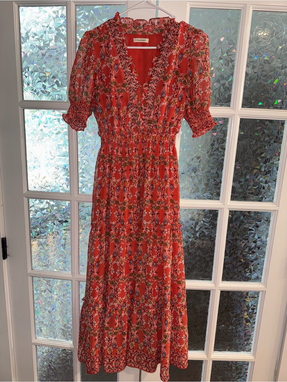 Max Studio Coral Floral Tiered Maxi Dress with Smocked Waist